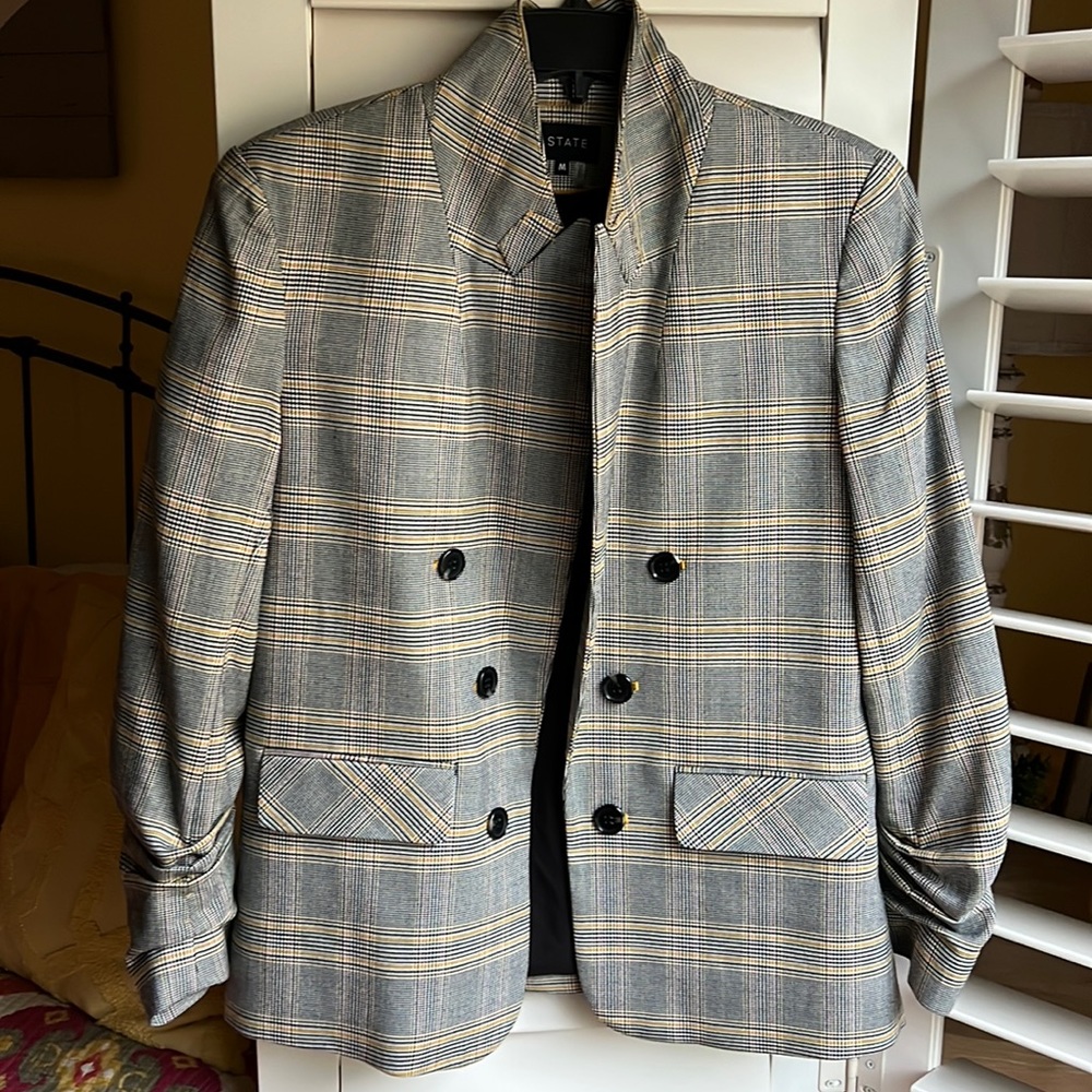 1State gathered sleeve in glen plaid with pink and yellow. Size M